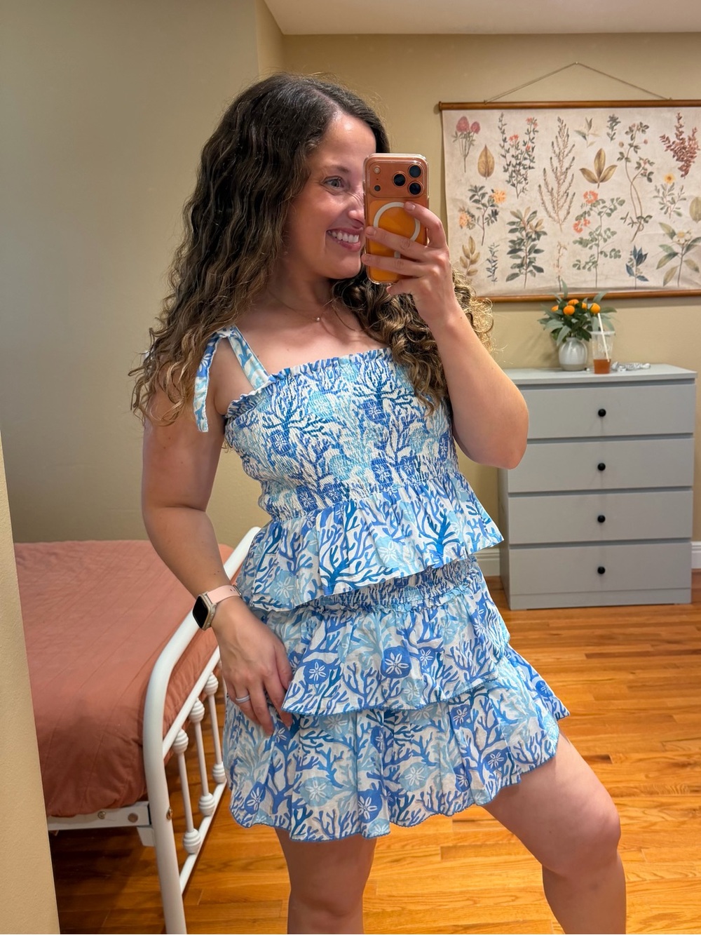 Haute Hippie Blue and White Coral-Print Cotton Top and Skirt Set Medium